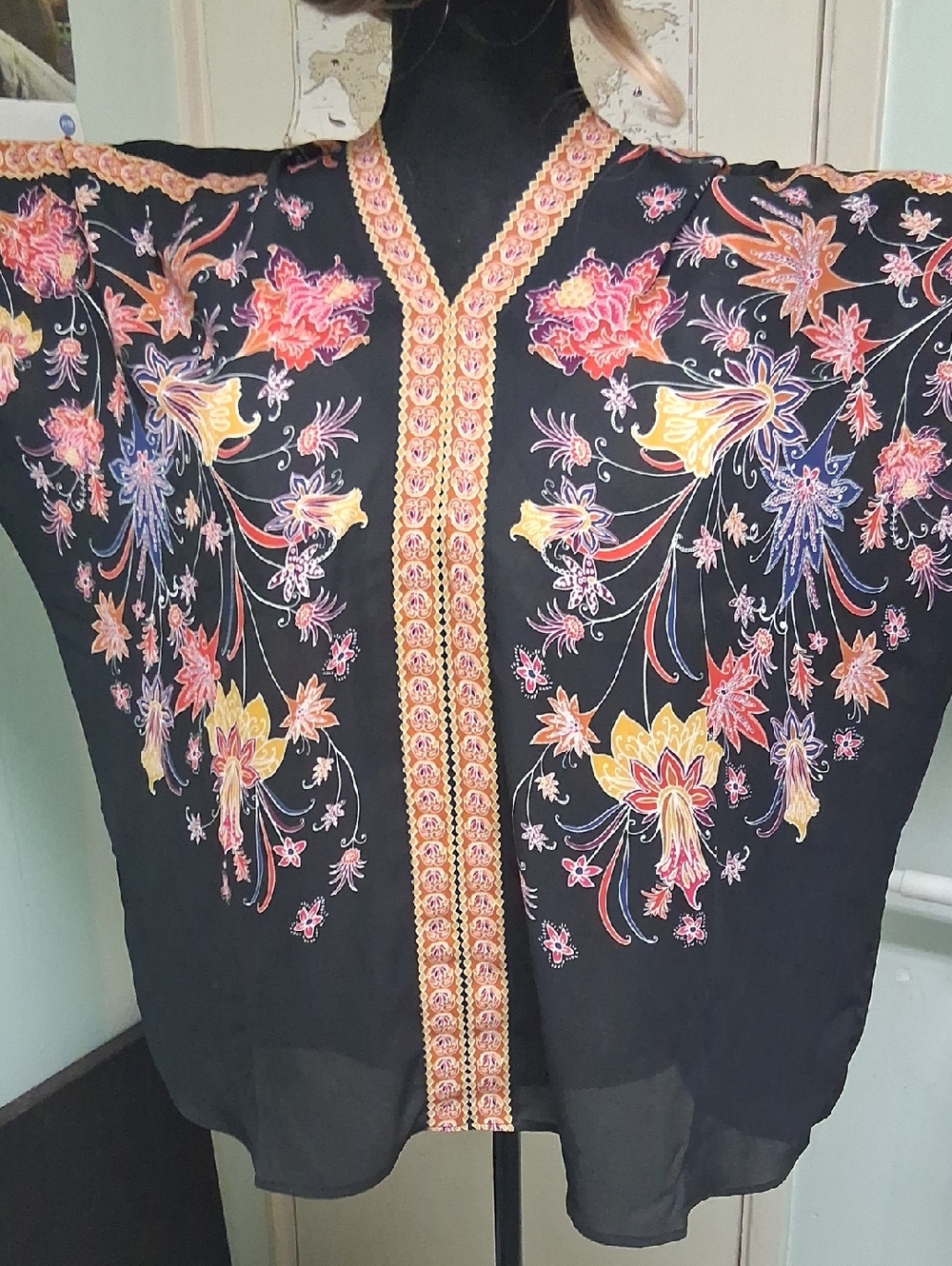 Black Embroidered Floral Kimono Blouse